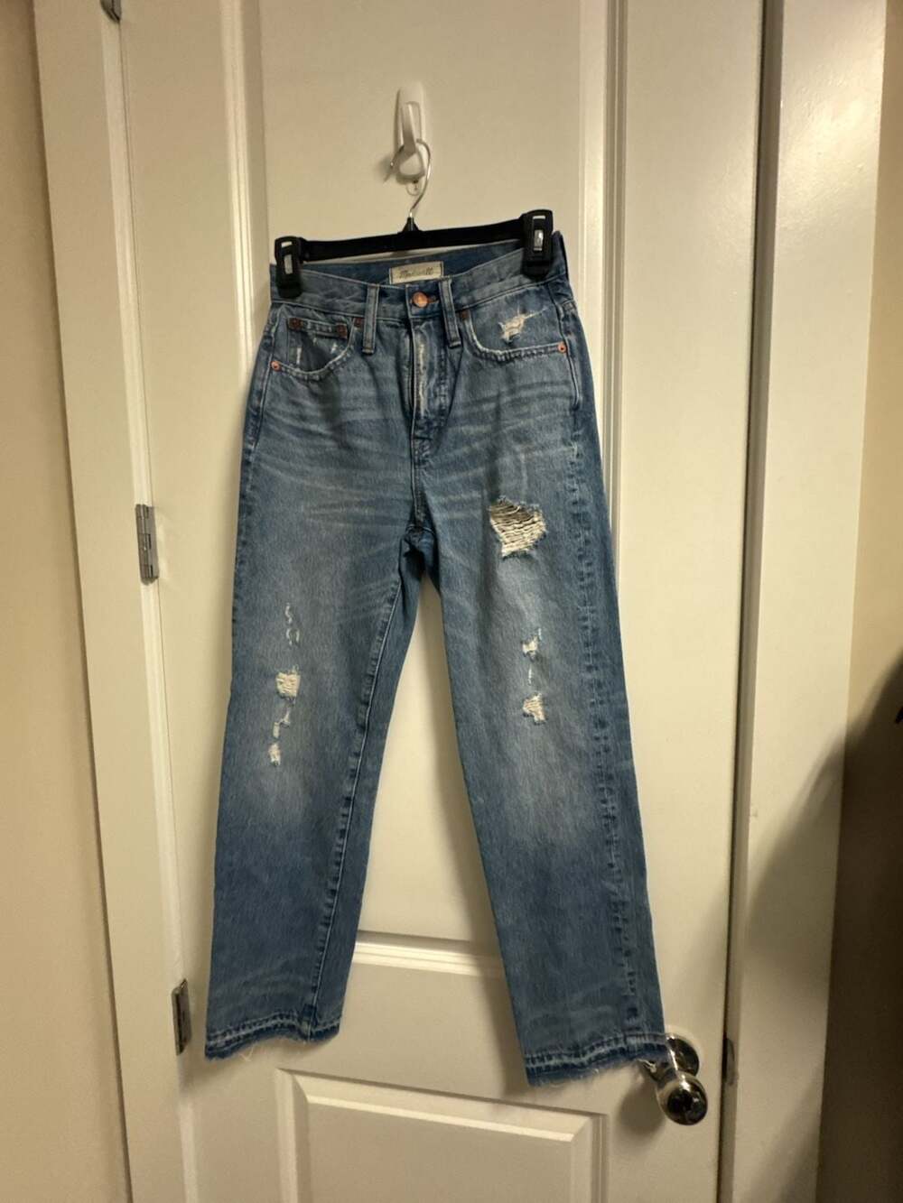 Madewell Distressed Raw Hem Straight Jeans Blue Denim sz 23 waist